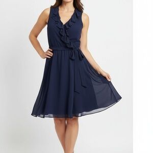 Lauren Ralph Lauren Navy Blue Sleeveless V-Neck Ruffle Trim Wrap Dress 8 NWOT